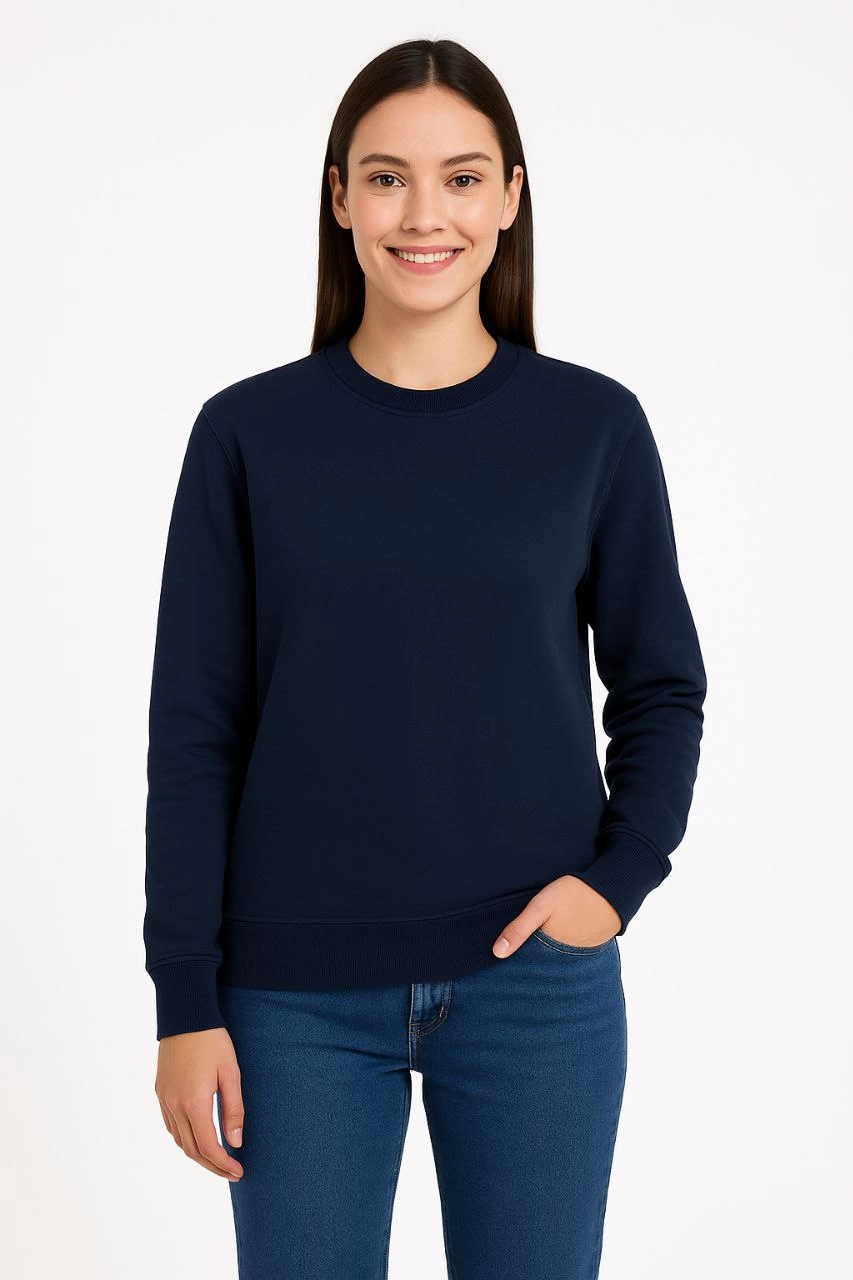 ASSEMA Kadın Üç İplik Düz Bisiklet Yaka SweatShirt - Lacivert