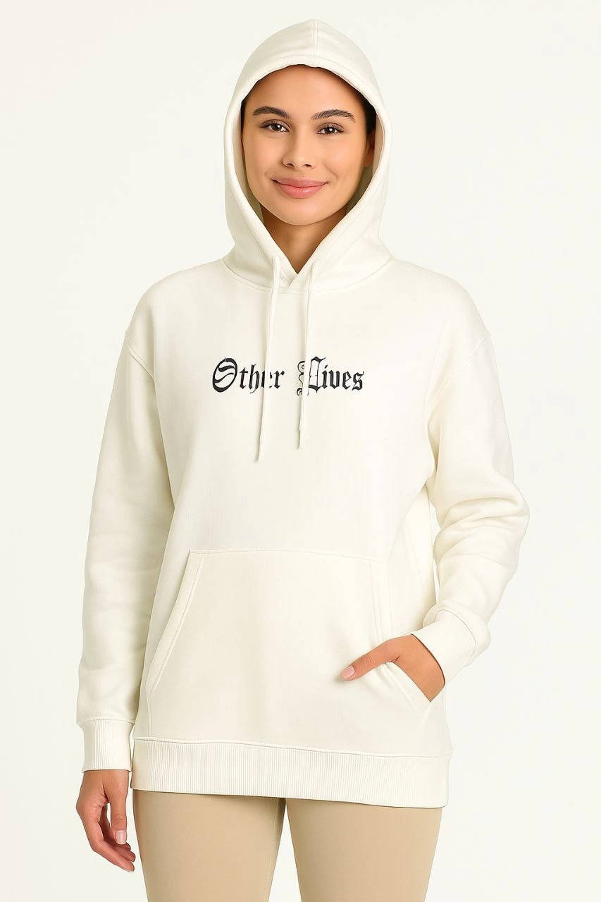 ASSEMA Kadın Kapşonlu Sweatshirt Oversize Üç İplik Şardonlu Other Lives Ön Arka Baskılı - Beyaz