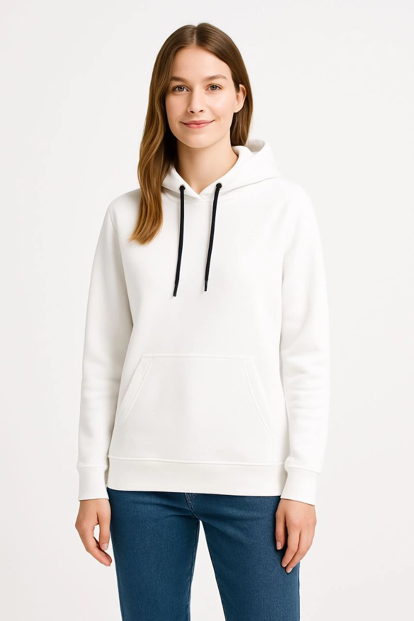 ASSEMA Kadın Üç İplik Kapüşonlu Kanguru Çepli SweatShirt hoodie - Beyaz