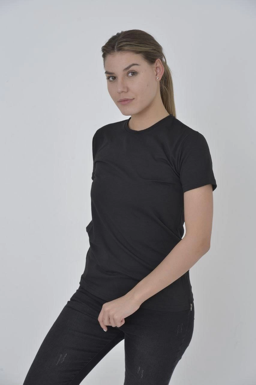 ASSEMA Kadın Yanlardan Fermuarlı T-Shirt Kısa Kol Bisiklet Yaka Slimfit Tişört - Siyah