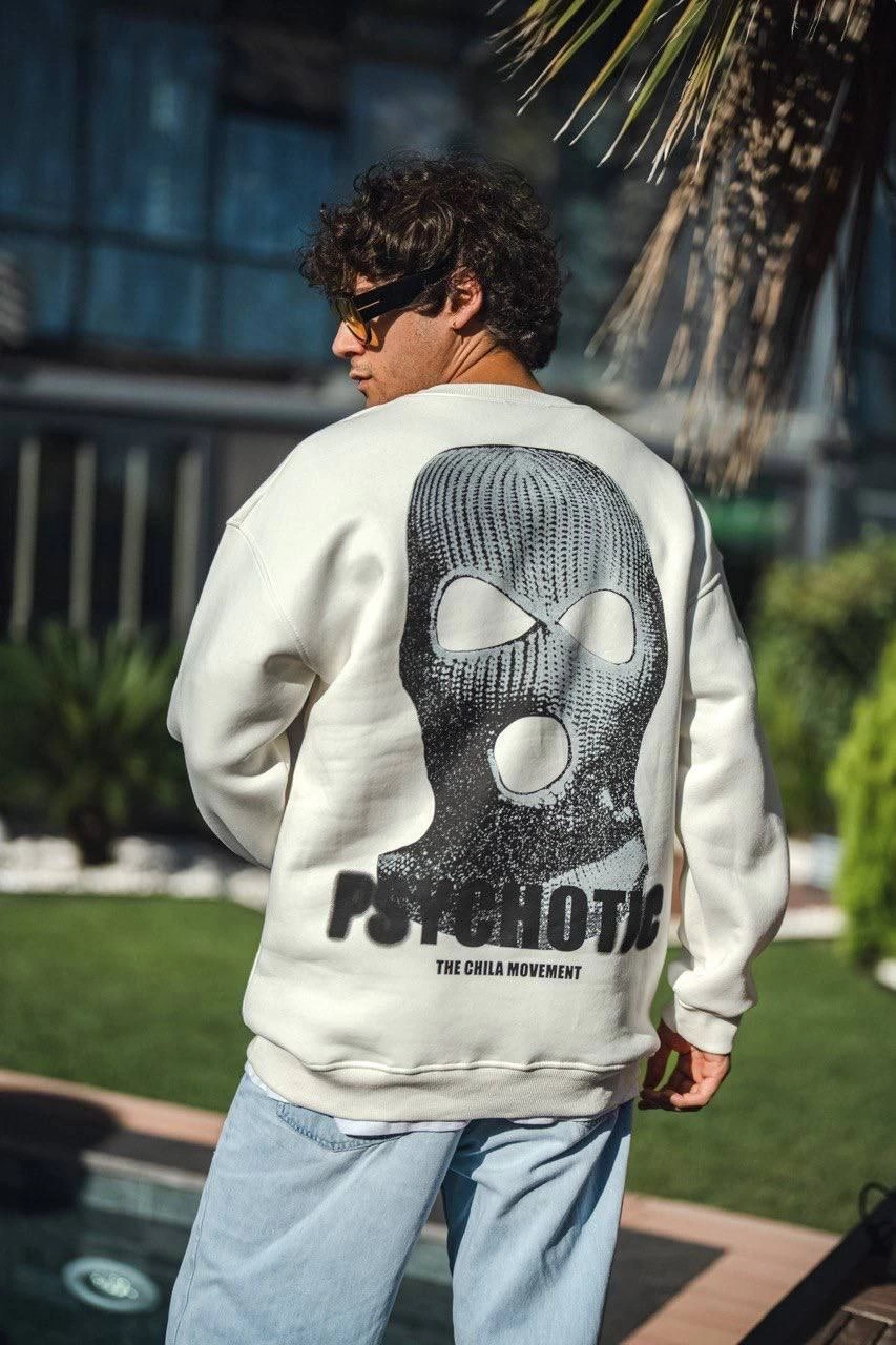 ASSEMA Erkek üç iplik pamuklu Kışlık Bisiklet Yaka Baskılı SweatShirt - Beyaz