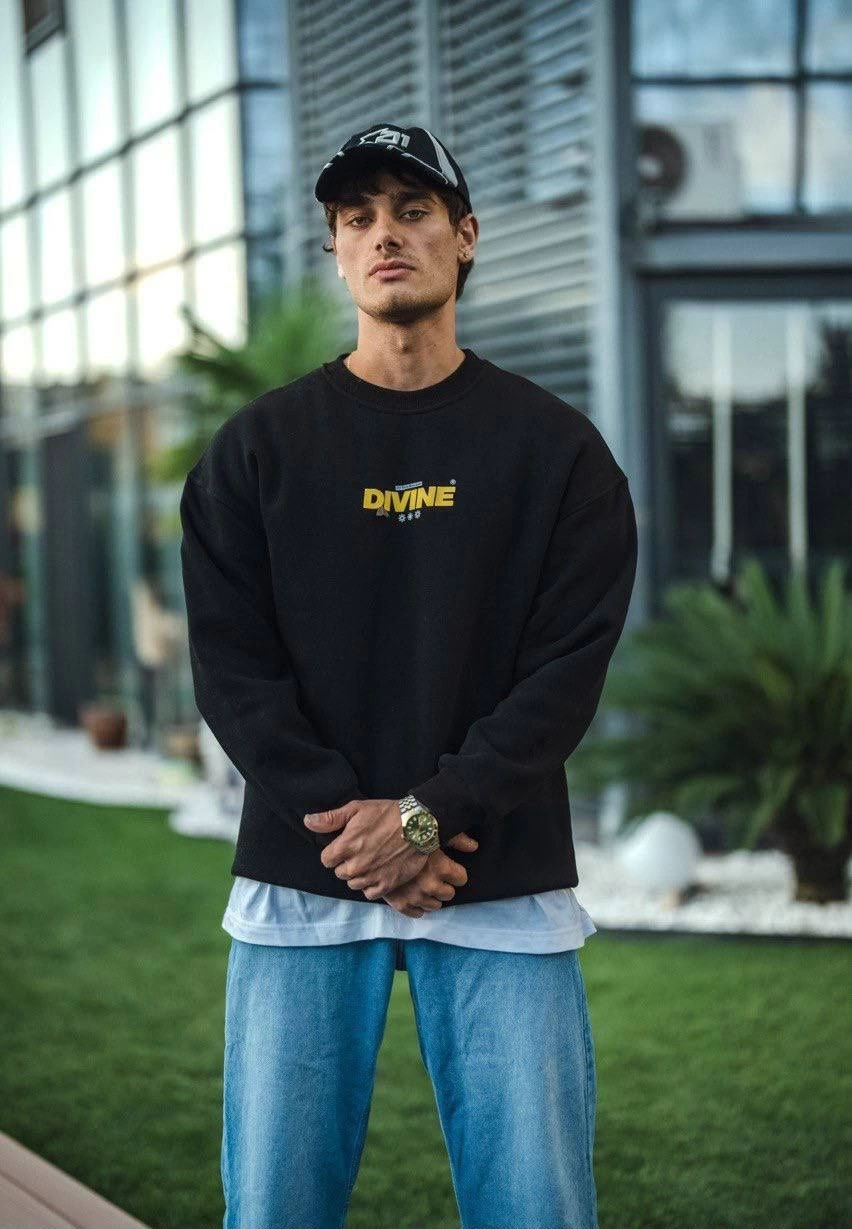 ASSEMA Erkek üç iplik pamuklu Kışlık Bisiklet Yaka Baskılı SweatShirt - Siyah