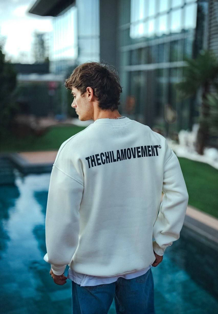 ASSEMA Erkek üç iplik pamuklu Bisiklet Yaka Oversize Baskılı SweatShirt - Beyaz