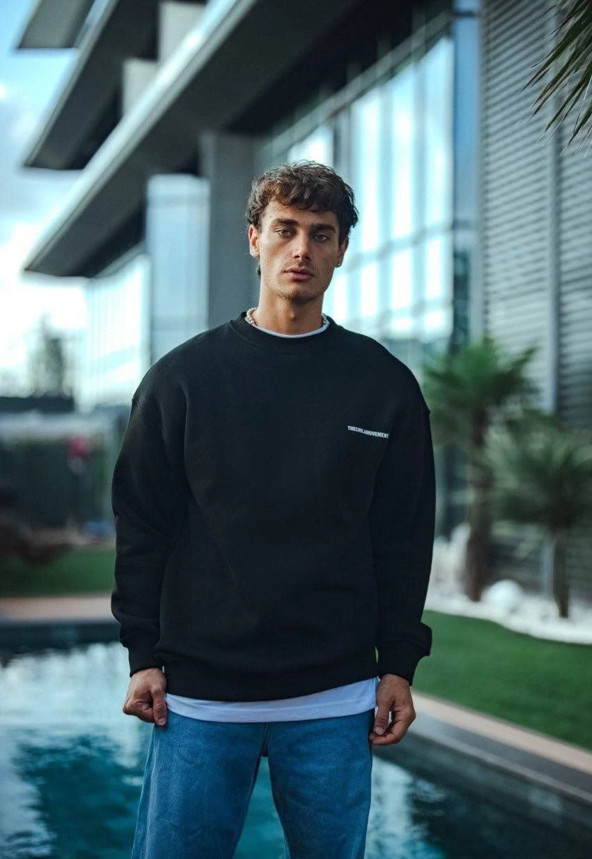 ASSEMA Kışlık Bisiklet Yaka Oversize Baskılı SweatShirt - Siyah
