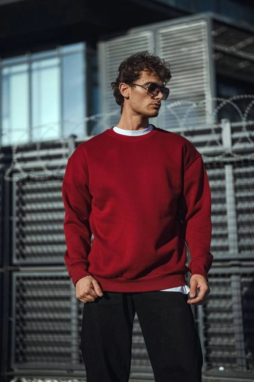 ASSEMA Kışlık Bisiklet Yaka Üç İplik Basic SweatShirt - Bordo