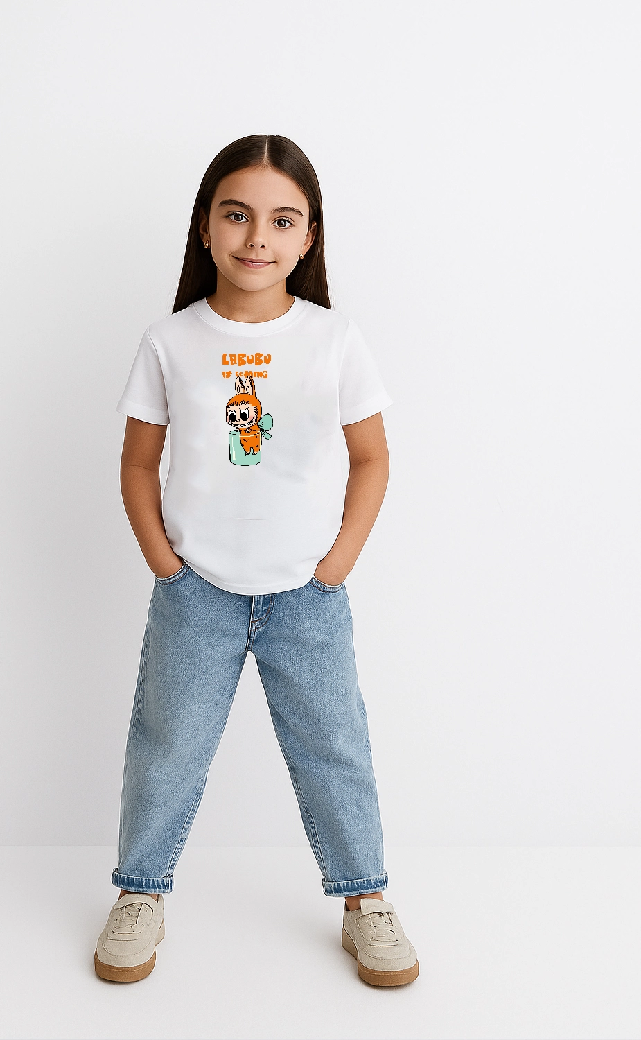 ASSEMA Kız Labubu Çocuk Baskılı T-Shirt - Beyaz