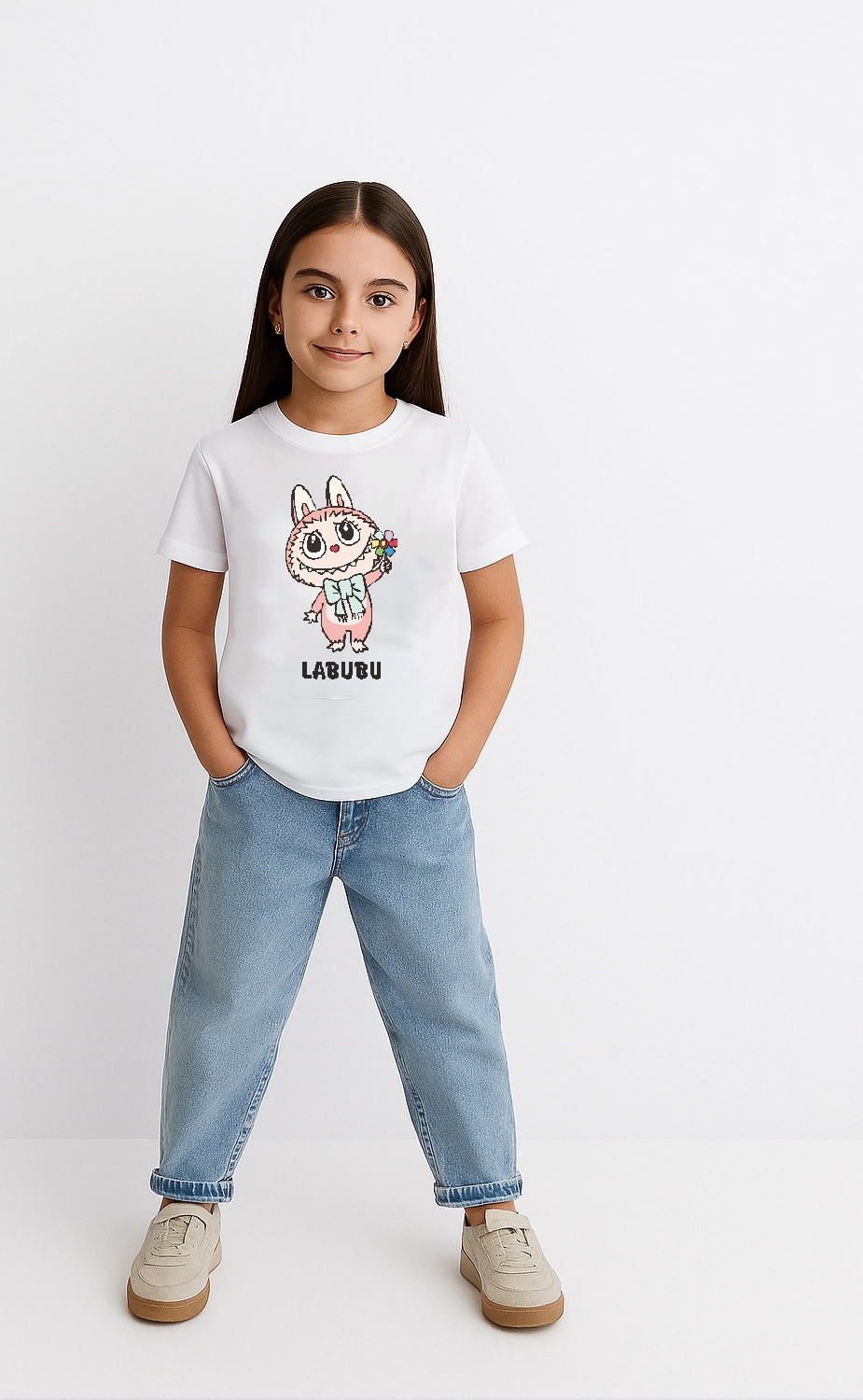 ASSEMA Kız Labubu Çocuk Baskılı T-Shirt - Beyaz