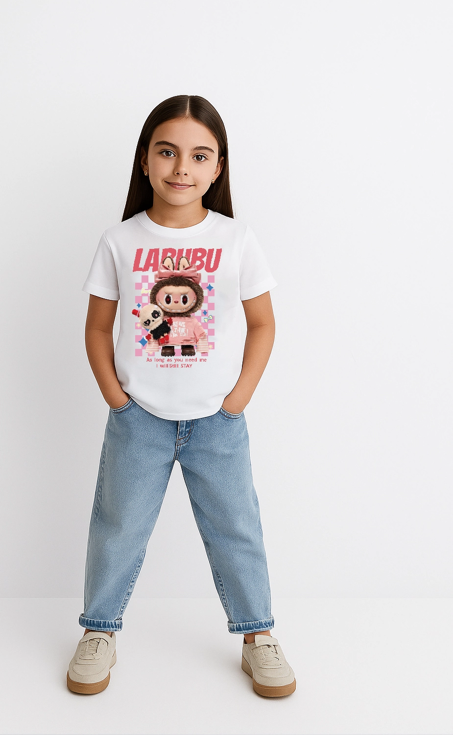 ASSEMA Kız Labubu Çocuk Baskılı T-Shirt - Beyaz