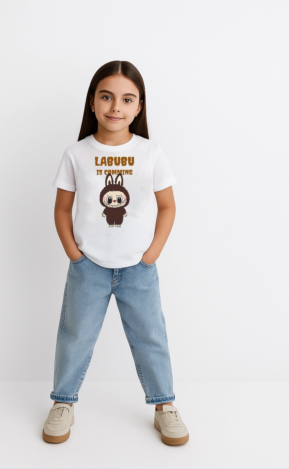 ASSEMA Kız Labubu Çocuk Baskılı T-Shirt - Beyaz
