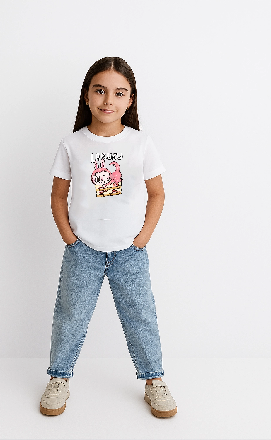 ASSEMA Kız Labubu Çocuk Baskılı T-Shirt - Beyaz