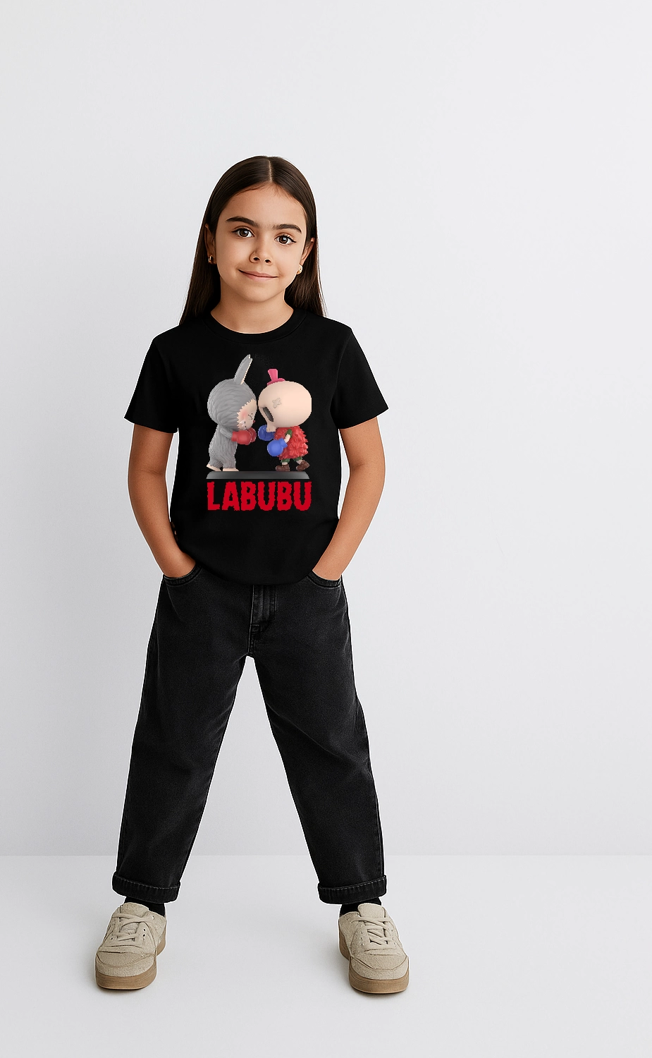 ASSEMA Kız Labubu Çocuk Baskılı T-Shirt - Siyah