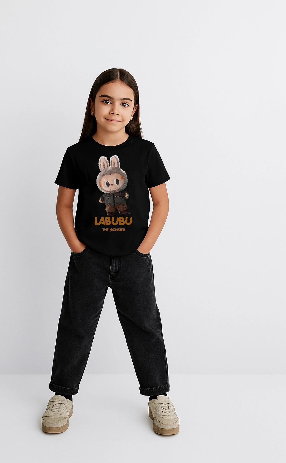 ASSEMA Kız Labubu Çocuk Baskılı T-Shirt - Siyah