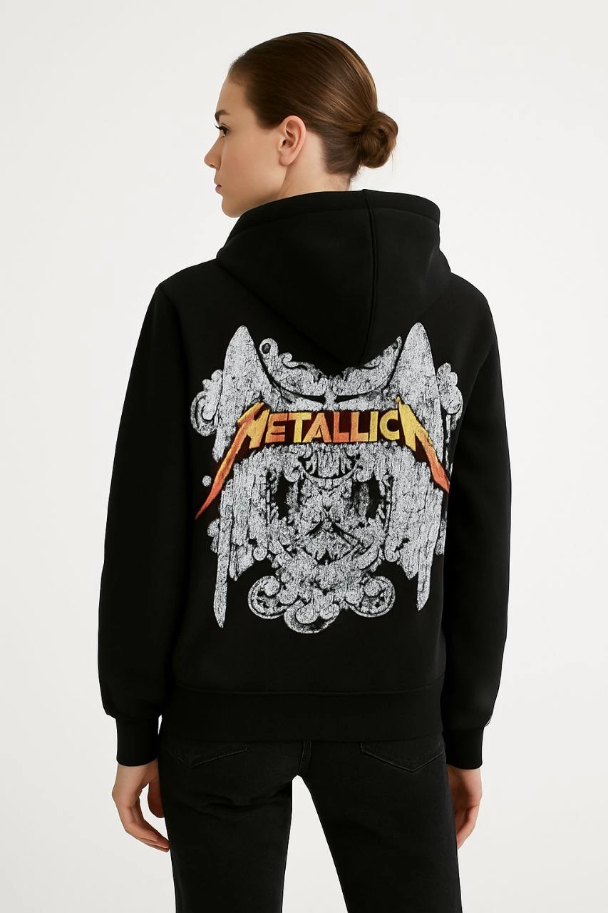ASSEMA Metallica İki İplik Kapüşonlu Ön ve Arka Baskılı hoodie - Siyah