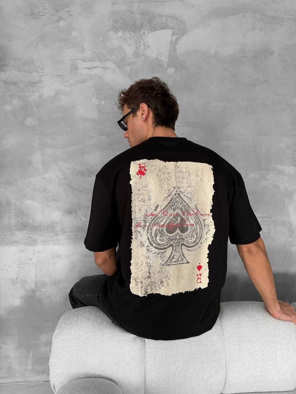 ASSEMA ERKEK Ön ve Arka Baskılı Oversize Bisiklet Yaka T-shirt - Siyah