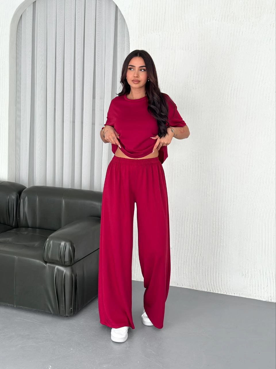 ASSEMA Kadın Osy Modal Yumuşak Dokulu Kumaş Bisiklet Yaka T-shirt Bol paça Pantalon ikili Takım -Bordo