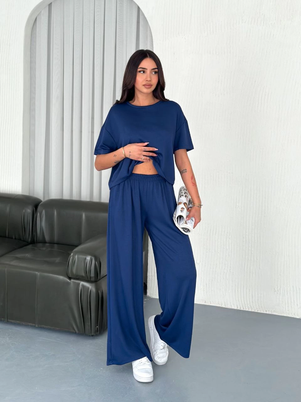 ASSEMA Kadın Osy Modal Yumuşak Dokulu Kumaş Bisiklet Yaka T-shirt Bol paça Pantalon ikili Takım -Saks Mavisi