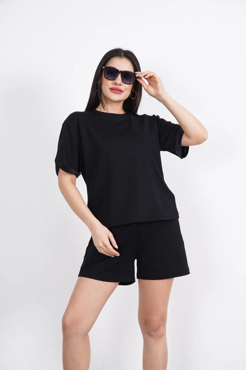 ASSEMA Osy Modal yumuşak dokulu Kumaş Kadın Bisiklet Yaka T-shirt Kısa Şort İkili Takım - Siyah