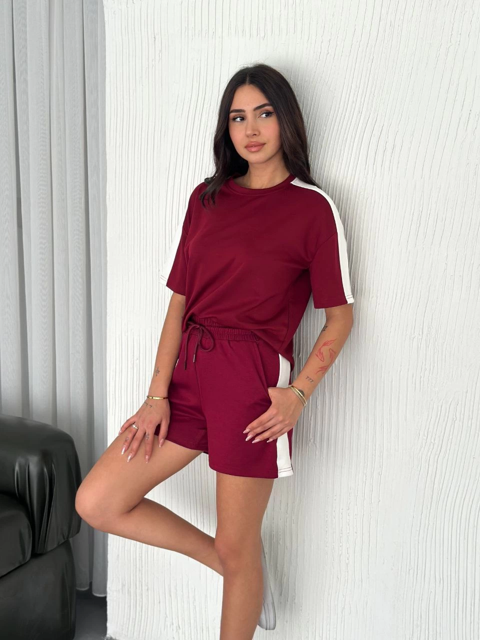 ASSEMA Osy Modal yumuşak dokulu Kumaş Kadın Parçalı Bisiklet Yaka T-shirt Kısa Şort İkili Takım - Bordo