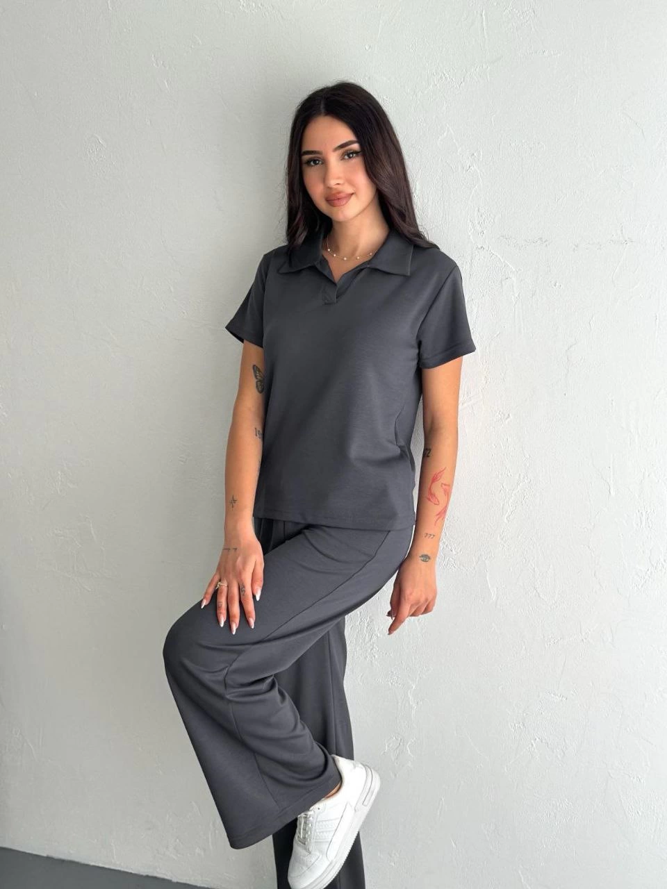 ASSEMA Kadın Osy Modal Yumuşak Dokulu Kumaş Kısa Kollu Yakalı T-shirt Pantalon ikili Takım- Antrasit