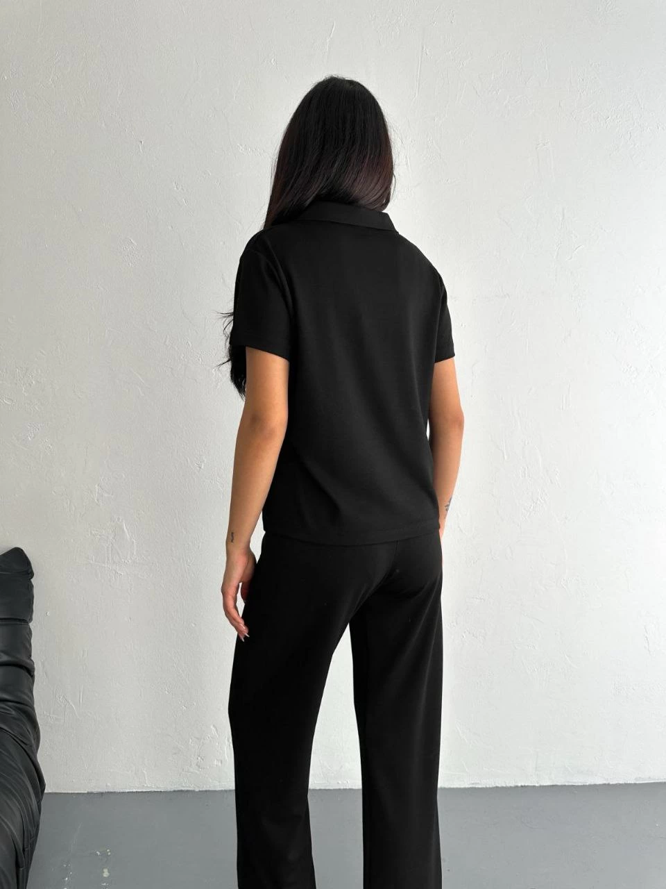 ASSEMA Kadın Osy Modal Yumuşak Dokulu Kumaş Kısa Kollu Yakalı T-shirt Pantalon ikili Takım- Siyah