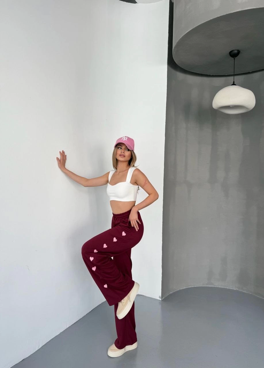 ASSEMA Kadın Osy Modal Yumuşak Dokulu Kumaş Nakış işlemeli Rahat Bol Paça Eşofman Pantalon - Bordo