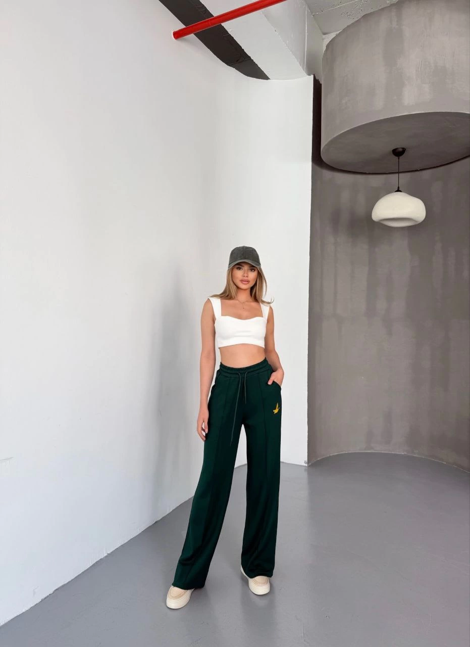 ASSEMA Kadın Osy Modal Yumuşak Dokulu Kumaş Nakış işlemeli Rahat Bol Paça Eşofman Pantalon - Yeşil
