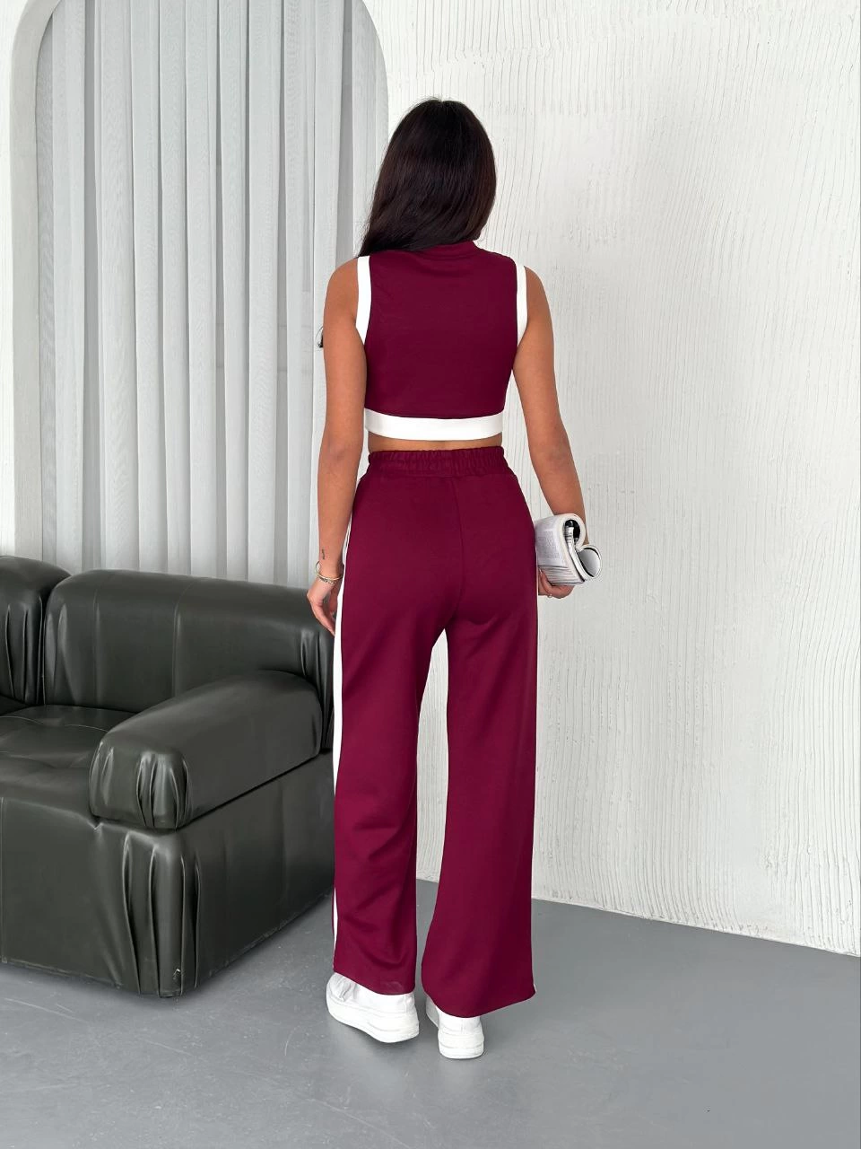 ASSEMA Kadın Osy Modal Yumuşak Dokulu Kumaş Tam Fermuarlı Crop Pantalon İkili Takım - Bordo
