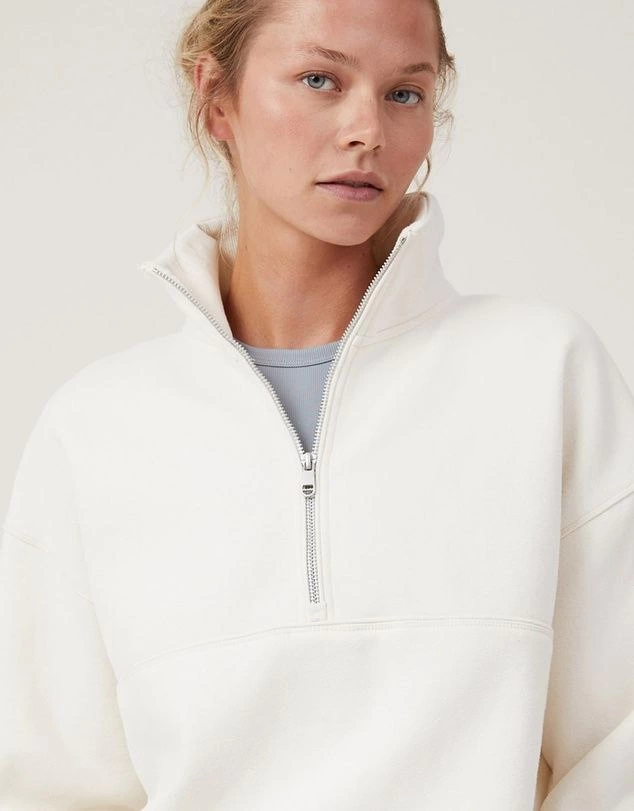 ASSEMA Kadın üç iplik pamuklu Oversize Yarım Farmuarlı Yakalı Basic SweatShirt - Beyaz