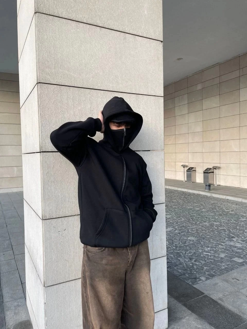 ASSEMA Samuray Ninja Çift Kapşonlu ZIP Fermuarlı Kanguru Çepli Tam Fermuarlı Hoodie Swetshirt - Siyah