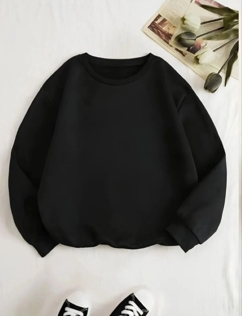 ASSEMA Kadın Üç İplik Pamuklu Biskilet Yaka SweatShirt - Siyah