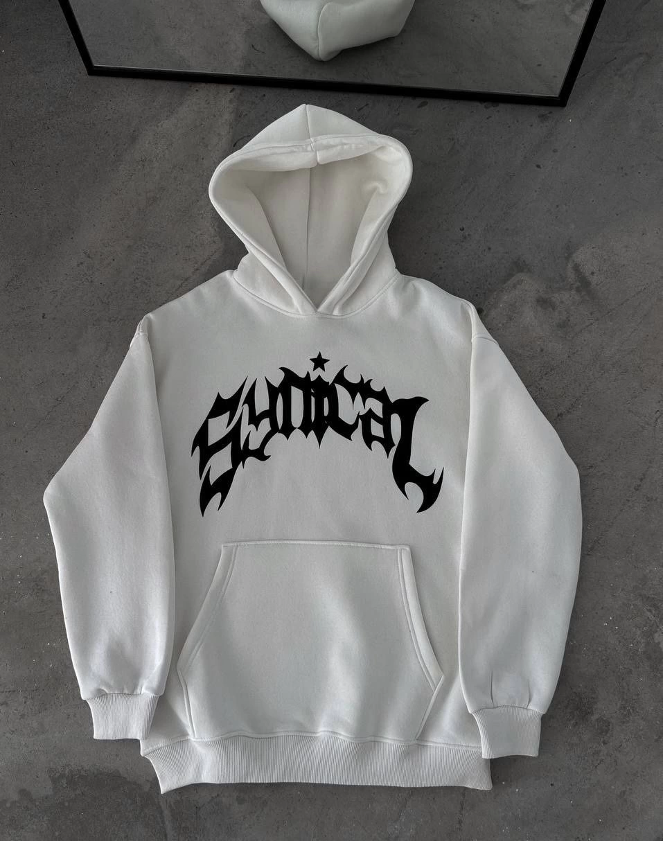 ASSEMA Erkek üç iplik pamuklu Kışlık Kapüşonlu Baskılı Oversize SweatShirt- Beyaz