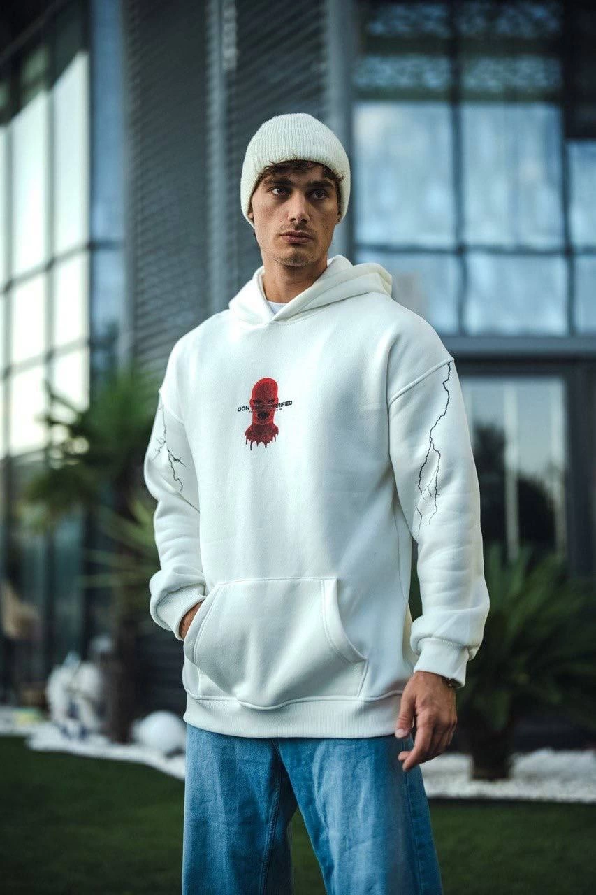 ASSEMA Erkek Üç İplik Kapüşonlu Baskılı Oversize SweatShirt- Beyaz