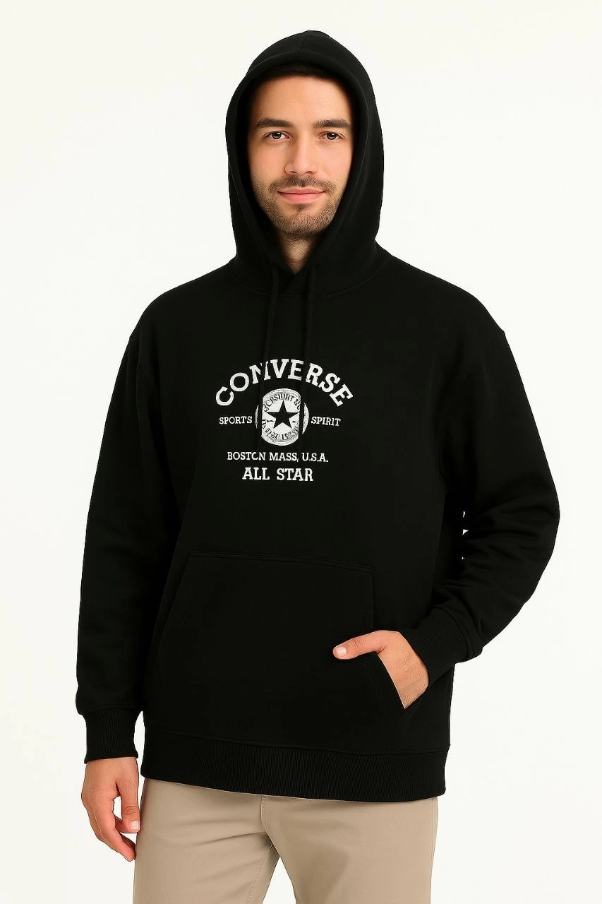 ASSEMA Erkek Kapşonlu Sweatshirt - Üç İplik Şardonlu Kumaş, Oversize Fit, Ön & Arka Baskılı, Kanguru Cepli, Kışlık Rahat Hoodie- Siyah