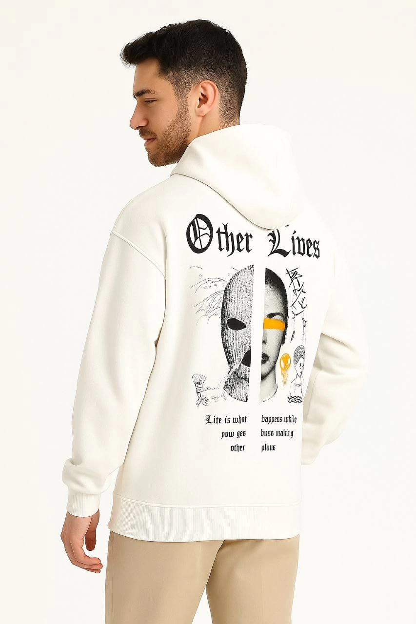 ASSEMA Erkek Kapşonlu Sweatshirt Oversize Üç İplik Şardonlu Other Lives Ön Arka Baskılı - Beyaz