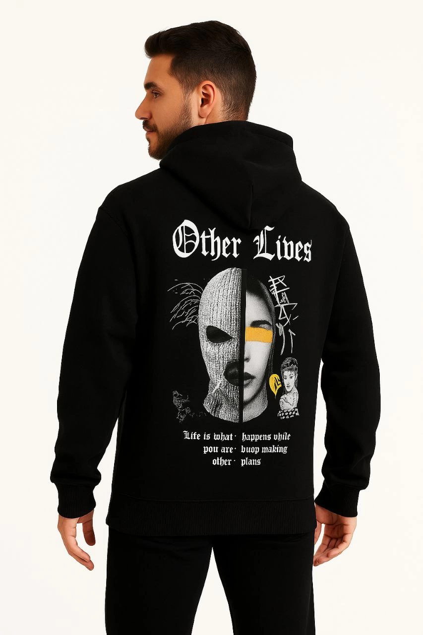 ASSEMA Erkek Kapşonlu Sweatshirt Oversize Üç İplik Şardonlu Other Lives Ön Arka Baskılı - Siyah