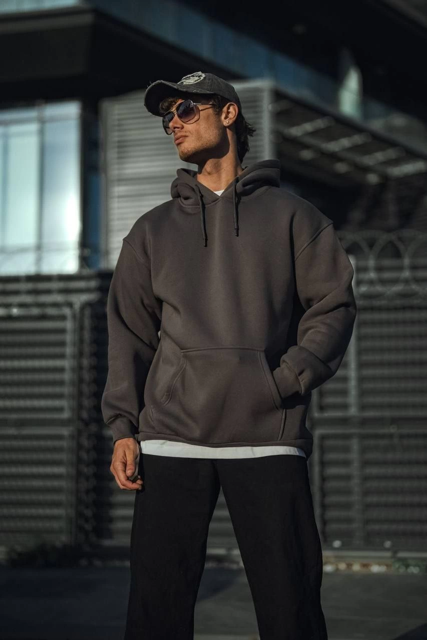 ASSEMA Erkek Üç İplik Penye Kapşonlu Basic SweatShirt - Füme