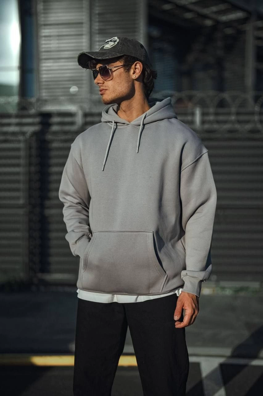 ASSEMA Erkek Üç İplik Penye Kapşonlu Basic SweatShirt - Boyalı Gri