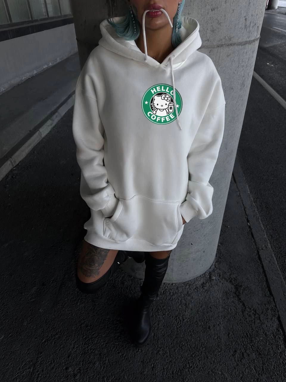 ASSEMA Kadın Üç İplik Pamuklu Kapüşonlu SweatShirt - Beyaz