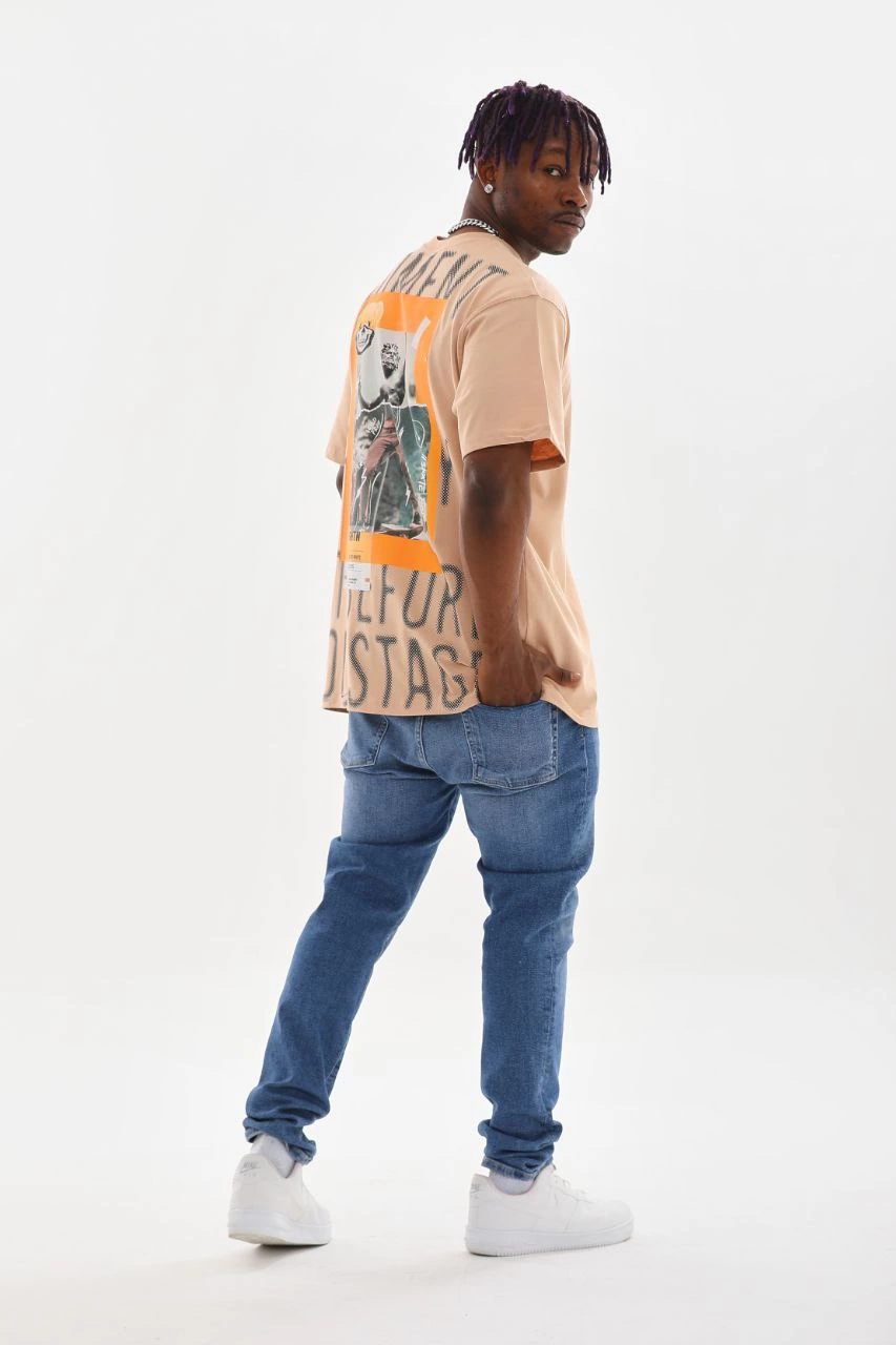 ASSEMA Erkek Baskılı T-Shirt Kısa Kol Bisiklet Yaka Rahat Kalıp Tişört - Bej
