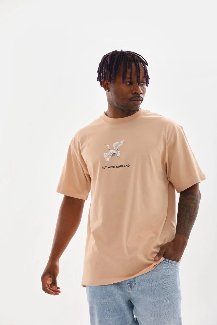 ASSEMA Erkek Baskılı T-Shirt Kısa Kol Bisiklet Yaka Rahat Kalıp Tişört - Bej