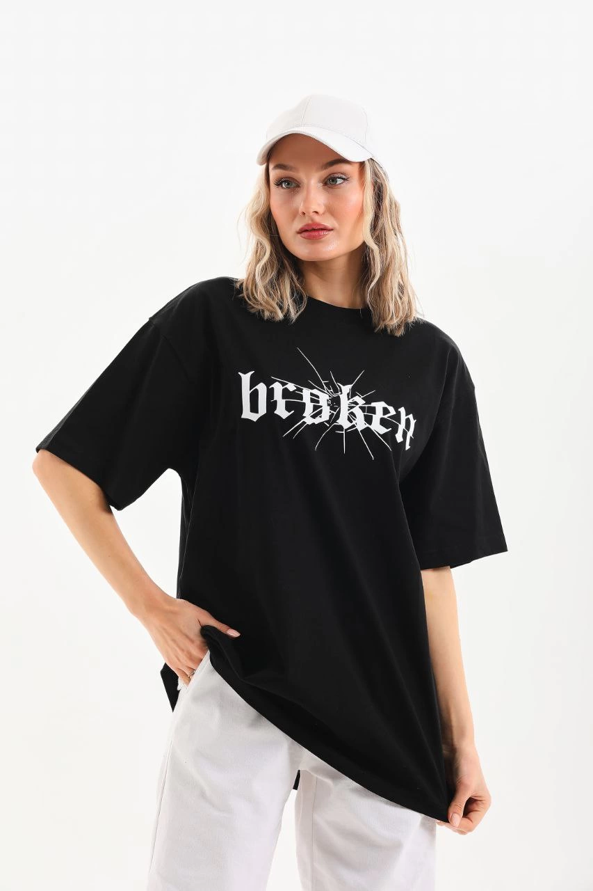ASSEMA Kadın Baskılı Oversize T-Shirt - Siyah
