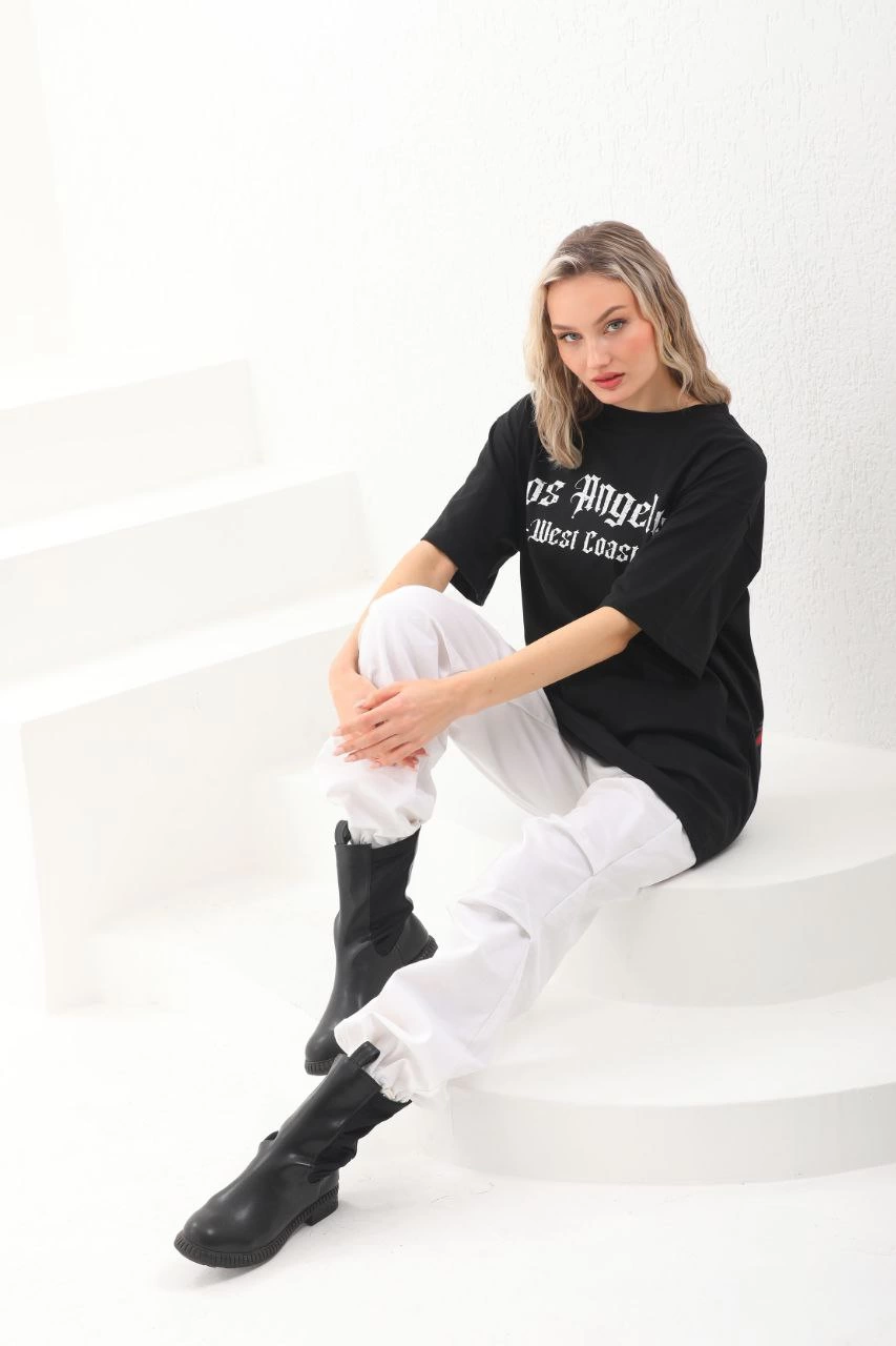ASSEMA Kadın Baskılı Tişort Kısa Kol Bisiklet Yaka Ovarsize T-Shirt - Siyah
