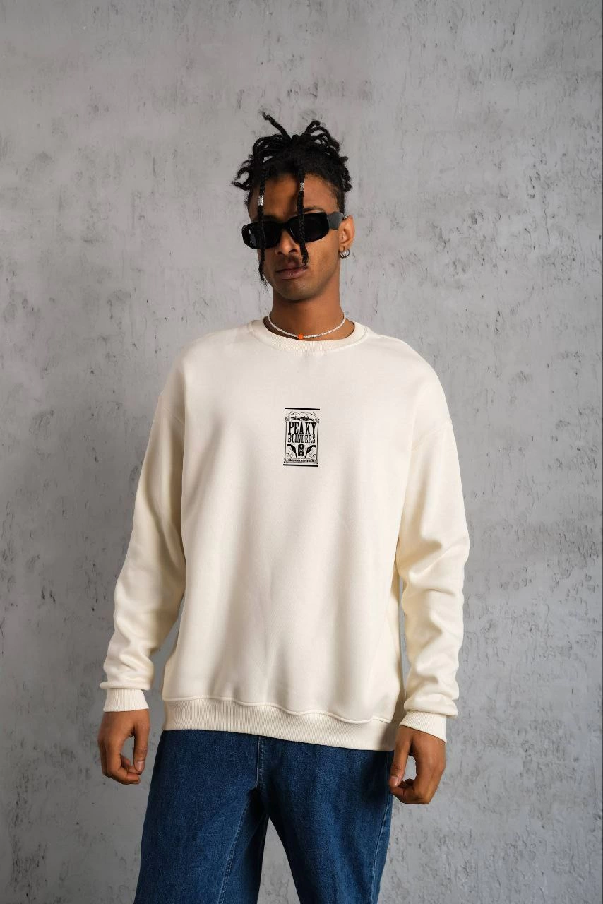 ASSEMA ERKEK Bisiklet Yaka Baskılı Oversize Sweatshirt - Beyaz
