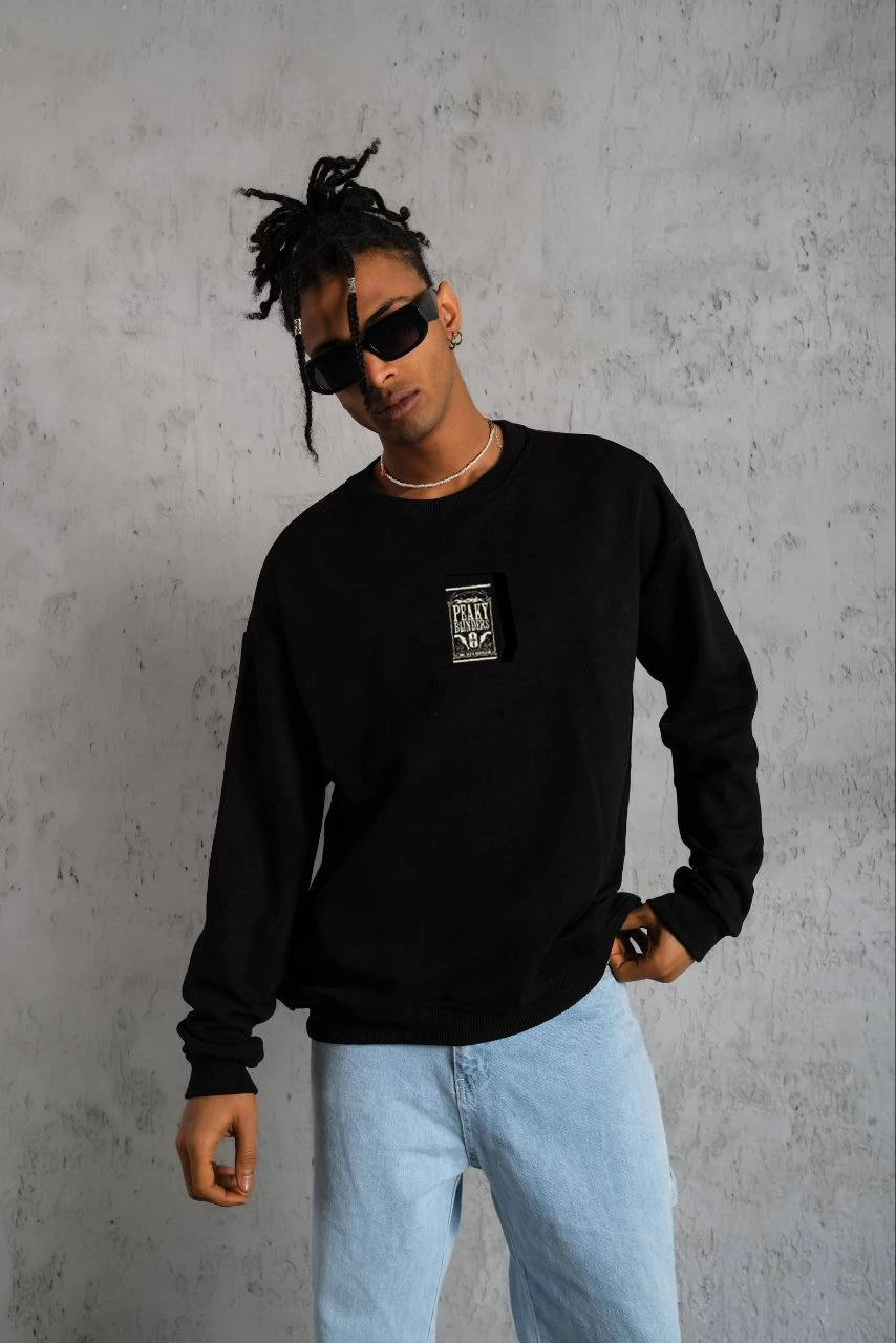 ASSEMA ERKEK Bisiklet Yaka Baskılı Oversize Sweatshirt - Siyah