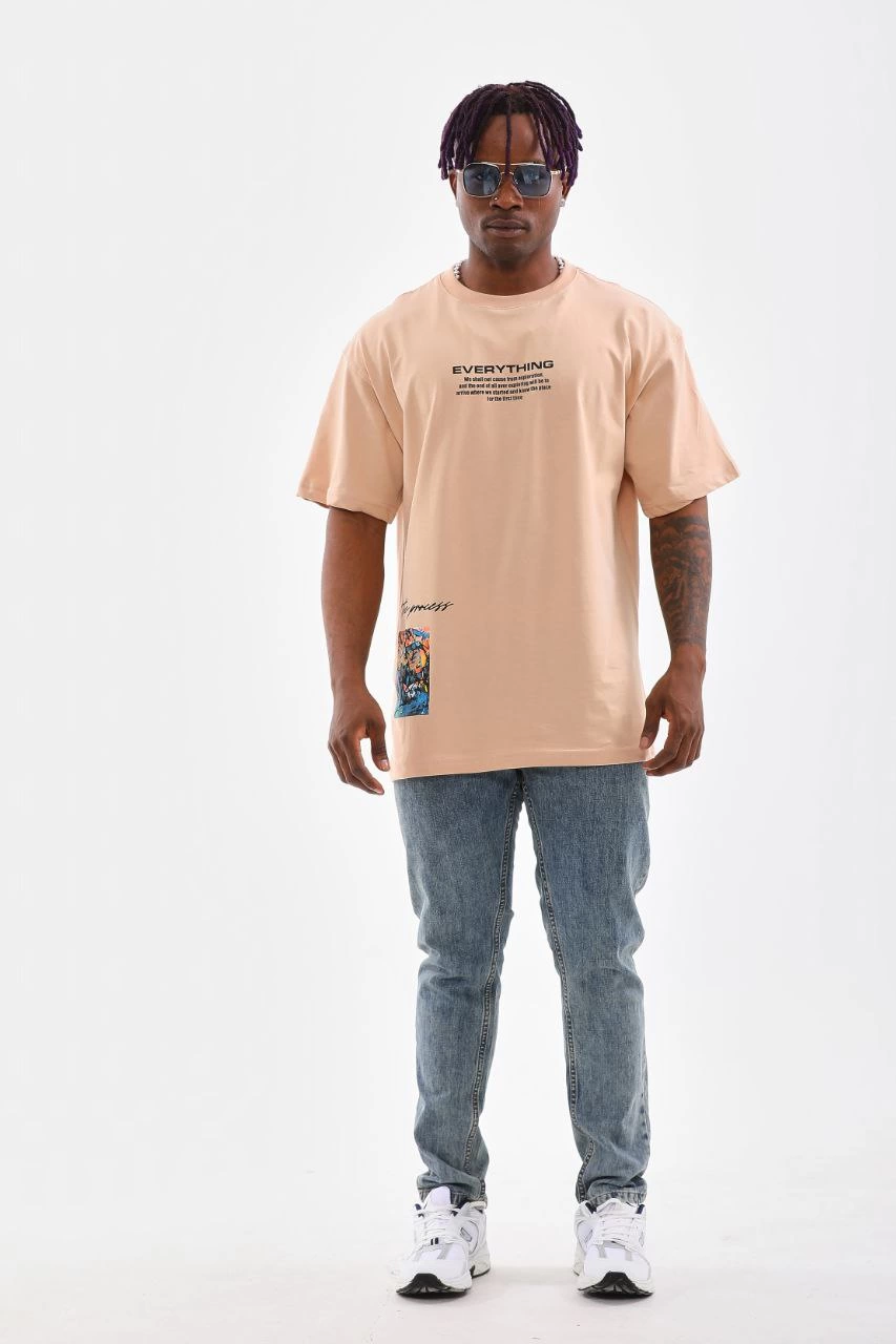 ASSEMA Erkek Bisiklet Yaka Baskılı Oversize T-Shirt - Bej