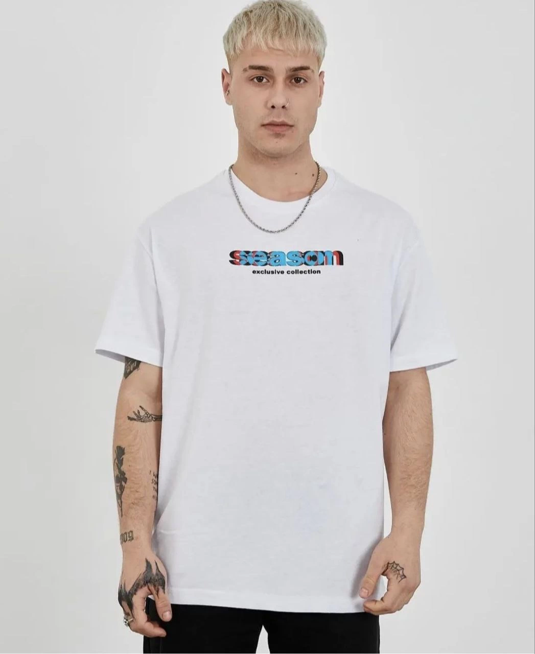 ASSEMA Erkek Bisiklet Yaka Baskılı Kısa kol Oversize T-Shirt - Beyaz