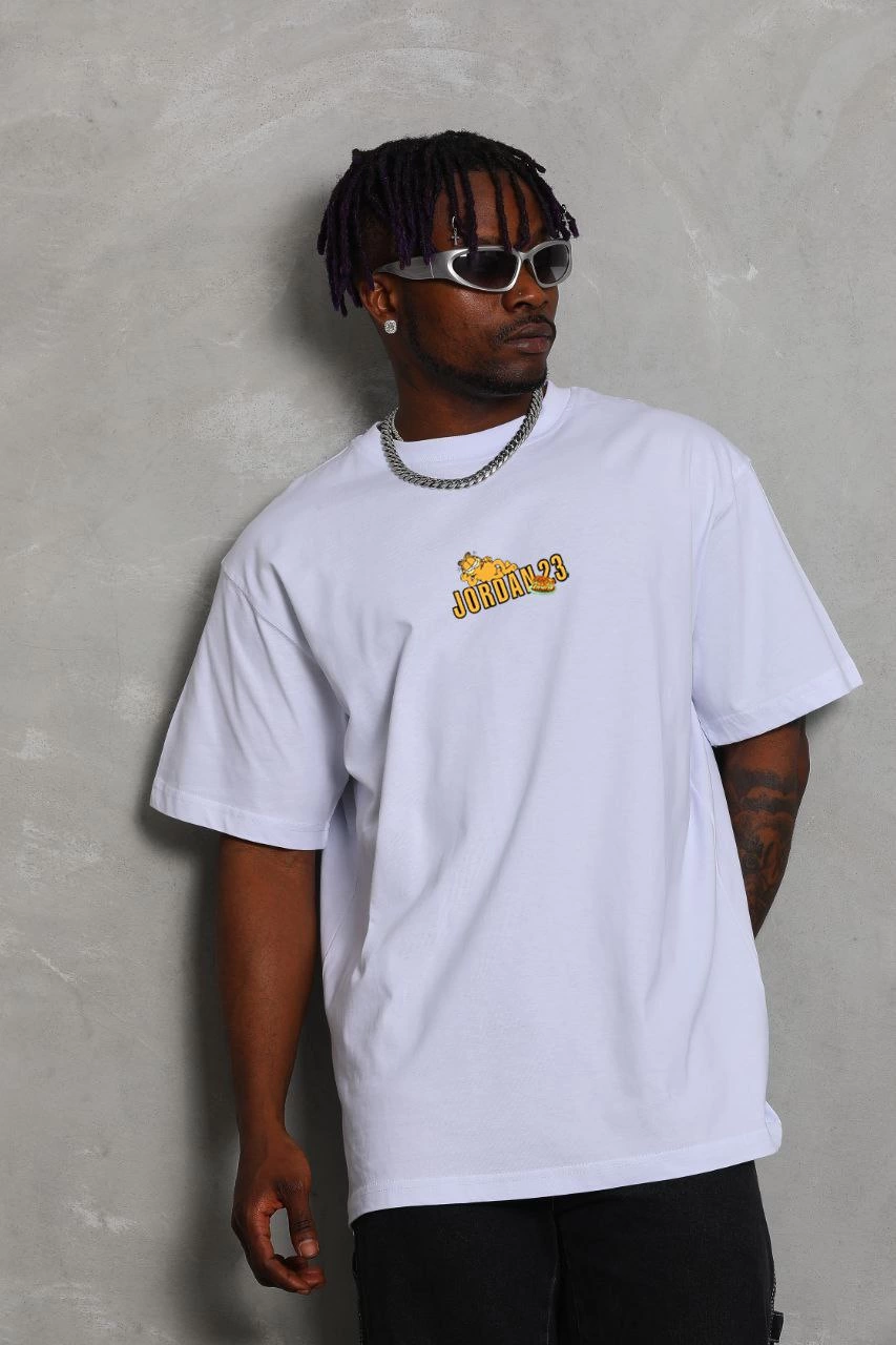 ASSEMA Erkek Bisiklet Yaka Baskılı Oversize T-Shirt - Beyaz