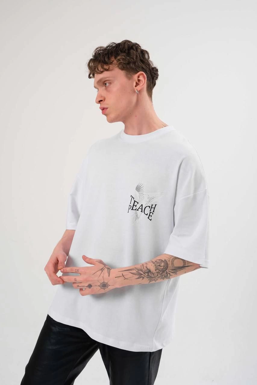 ASSEMA Erkek Bisiklet Yaka Baskılı Oversize Kısa kol T-Shirt - Beyaz