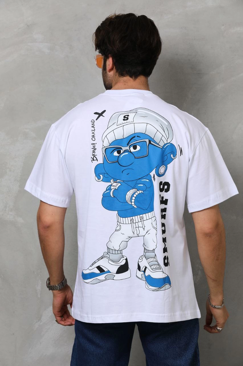 ASSEMA Erkek Bisiklet Yaka Baskılı Oversize T-Shirt - Beyaz