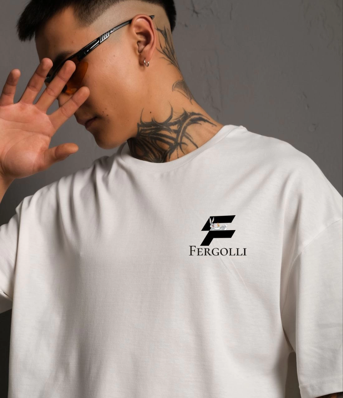 ASSEMA Erkek Bisiklet Yaka Baskılı Oversize T-Shirt - Beyaz